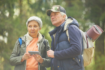 Wall Mural - waist up portrait of active senior couple using navigation app via smartphone while enjoying hike in