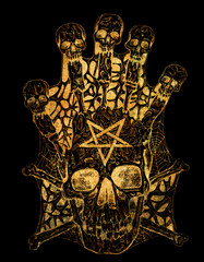 Golden evil skull with crossbones and pentagram on black. Esoteric, occult and gothic illustration with symbols of death, Halloween mystic background, engraved outline drawing, tattoo vintage print.