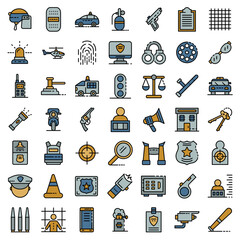 Wall Mural - Police equipment icons set. Outline set of police equipment vector icons thin line color flat on white