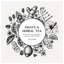 Hand Sketched Herbal Tea Ingredients Vector Wreath.  Summer Drinks Vintage Design. Perfect For Recipe, Menu, Label, Icon, Packaging, Vintage Herbs And Fruits Outlines. Botanical Background