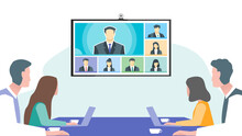 Online Virtual Remote Meetings In Office, TV Video Web Conference Teleconference. Company CEO President Executive Manager Boss Employee Team Work Learn From Home WFH Live Stream Webinars