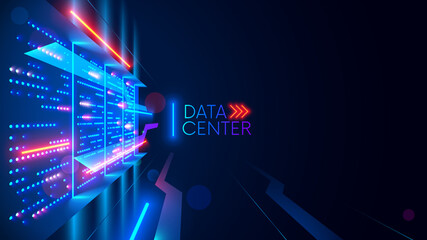 Leinwandbilder - Data center or digital storage. Server rack with glowing lights. Abstract tech background of cloud computing, networking technology. Data stream processed and warehouse by server. Conceptual banner.
