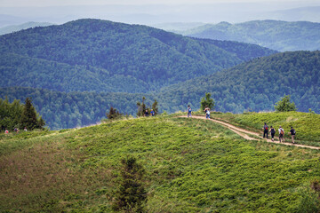 Poster - Tourists walks on a path on Wetlina High Mountain Pasture in Western Bieszczady Mountains, Poland