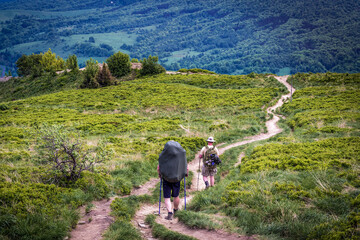 Sticker - Hikers on a trail of Wetlina Polonyna montane meadow in Bieszczady Mountains, Poland