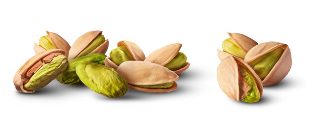 Wall Mural - A set with Fresh raw Pistachios isolated on white background. High resolution