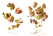 A Set With Flying In Air Fresh Raw Whole And Cracked Pistachios  Isolated On White Background. Concept Of Pistachios Is Torn To Pieces Close-up. High Resolution Image