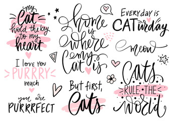 Cats quotes set, meow lettering, fashion kitty phrases. Cute vector set with funny sayings.
