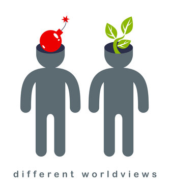 Different worldviews concept with two men good and bad displaying their minds with bomb exploding and small plant growing vector, life and death, destructive and constructive.