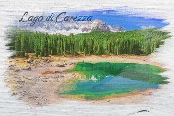 Wall Mural - watercolor of lago di carezza lake in dolomites, italy