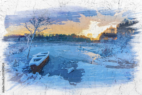 Boat on the snowy lake in w...