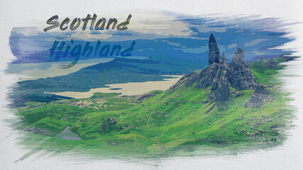 Wall Mural - Watercolor painting of Old Man of Storr in Scotland