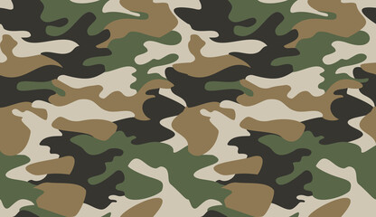 Sticker - Camouflage pattern background vector. Classic clothing style masking camo repeat print. Virtual background for online conferences, online transmissions. Green brown black grey colors forest texture