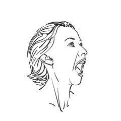 Sticker - Head of screaming girl with wide open mouth, Vector sketch, Hand drawn illustration