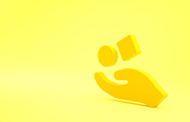 Wall Mural - Yellow Cube levitating above hand icon isolated on yellow background. Levitation symbol. Minimalism concept. 3d illustration 3D render.