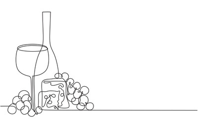 Wine glass, a bottle of wine and grapes. Still life. Sketch. Draw a continuous line. Decor. Vine and cheese