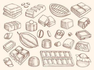 Sticker - Chocolate drawn. Engraved pictures of chocol and black chocolate pieces. Vector illustration set of chocolate food, sketch drawing sweets