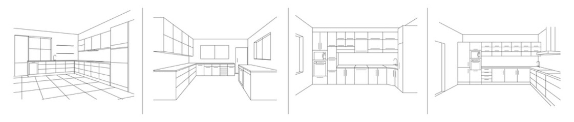 Wall Mural - KITCHEN INTERIOR SKETCHES. Line vector illustration of modern kitchen with furniture. Perspective sketch draw plan interior kitchen. Modular kitchens system on white background.