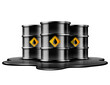 Black barrels with oil drop label on spilled puddle of crude oil.