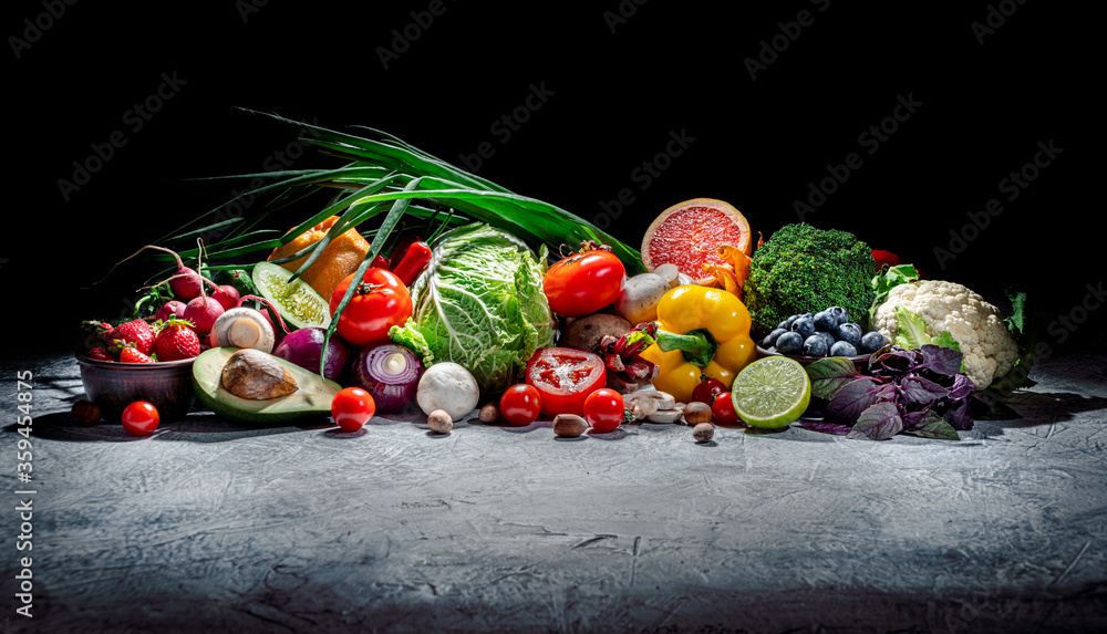 Assortment of fresh fruits and vegetables. Concept of healthy food
