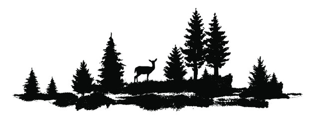 Wall Mural - Vector composition Forest silhouette landscape. Black and white isolated elements Element for design. Young deer at the edge