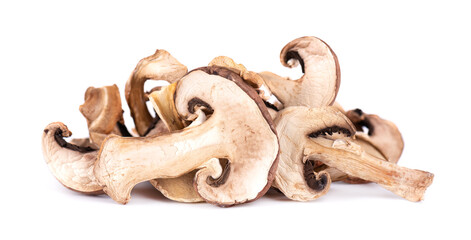 Dried sliced mushrooms isolated on white background. Dry champignons.