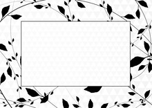 Eco Friendly Design Template With Black Floral Pattern. Blank Background With Frame (leaves Border)  Useful For Banner, Invitation, Gift Voucher, Funeral Thank You Card