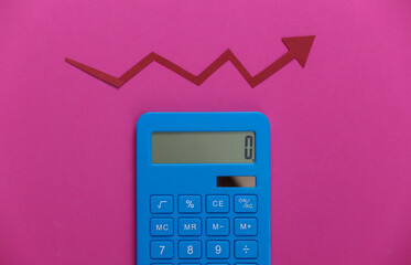 Wall Mural - Calculator with red growth arrow on pink background. Arrow graph going up. The economic growth