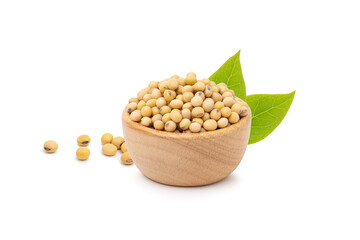 Soybeans  in wooden bowl isolated on white background, 100% protein concept