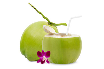 Poster - Fresh green coconut with ready to drinking isolated on white background, Refreshing concept, Thirsty, Fresh from garden