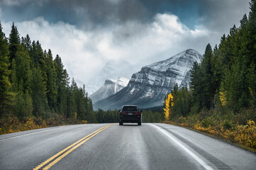 Wall Mural - Rear of car driving on highway in the forest with mountain on gloomy