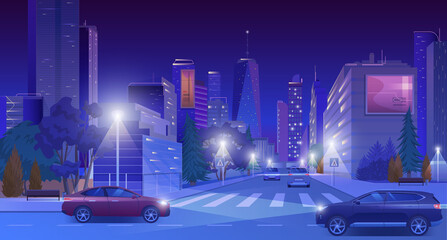 City downtown at night vector illustration. Cartoon flat modern blue futuristic cityscape with skyscrapers in glowing neon lights, cars on illuminated street road, nightlife town landscape background