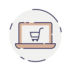 vector laptop computer online shop. Laptop and cart, online marketing elements. shopping from home. Illustration E-commerce Shopping Symbols.