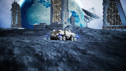 Canvas Print - military car on moon with robots. moon colony. earth backround. realistic 4k animation.