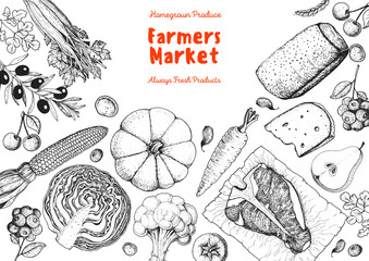 Wall Mural - Good food illustration. Farmers market design elements. Hand drawn sketch. Various food frame. Organic food store concept.