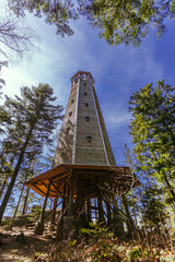 beautiful wooden watchtower na sedle in forest with blue sky backround