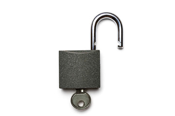 Padlock and key isolated on white background. Privacy security with metal lock pad.