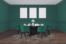 Modern Luxury Dining Room With Table And Chair , Green Pattern Wall And Picture Frame , Dark Brown Wood Flooring. 3d Rendering