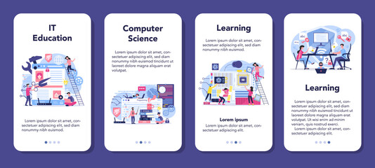IT education mobile application banner set. Student write software