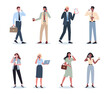 Business woman and man with mobile phone set. Collection of female