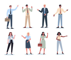 Wall Mural - Business people pointing up something set. Female and male business