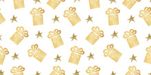 Golden Seamless Christmas Pattern With  Gift, Stars On White Background For Fabrics, Paper, Greeting Cards, Business Card, Textile