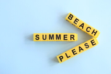summer beach please concept lettering in yellow letters on a blue background