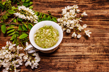 Tea from fresh acacia petals. Hot drink, alternative medicine