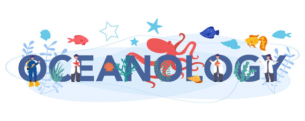 Oceanology typographic header concept. Oceanography scientist. Practical