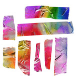 Fototapeta Tęcza - Super shiny rainbow stickers. Cool set of metallic holographic sticky tape shapes cuts isolated on white background. Holo glitter stripes or snips.