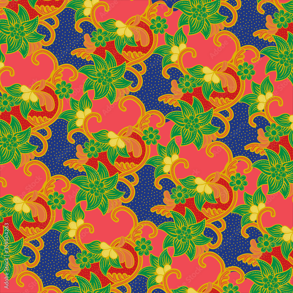 Traditional floral pattern batik drawing with dots and curly lines in ...