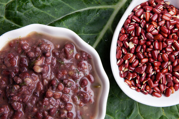 Wall Mural - Nutrition concept -Healthy beans in round white bowl over wooden background. Healthy food, Diet, Detox, Clean Eating or Vegetarian concept.