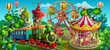 Vector illustration. Amusement park. Carousel, Ferris wheel, train.