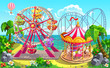Amusement park on tropical beach. Carousel, ferris wheel, roller coaster. Vector illustration.