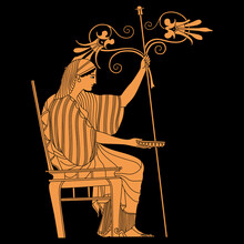 Ancient Greek Goddess Or Woman Sitting On Throne And Holding Flower Branch And Bowl. Vase Painting Style. Demeter Or Persephone.
